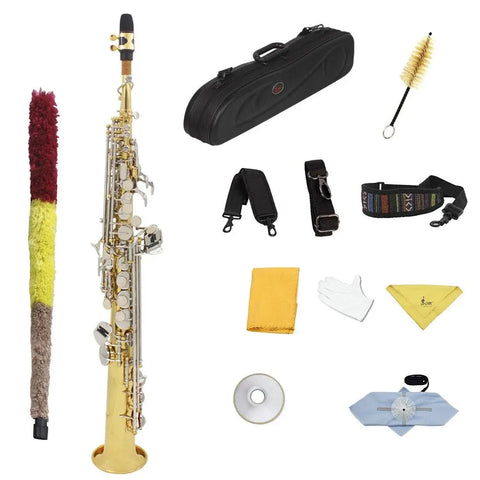 B-flat soprano saxophone straight gold silver key leather box with maintenance kit - AUROSUS  Musical Instrument Store