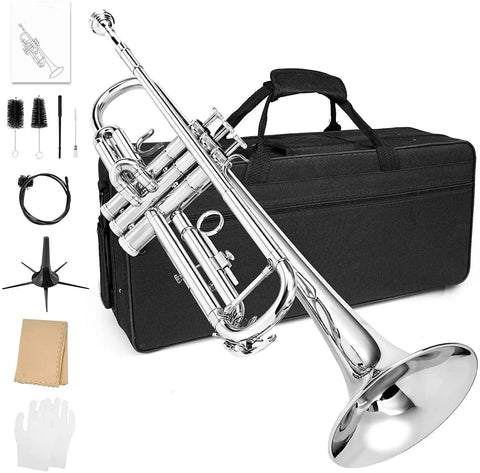 Bb Trumpet Standard Brass Silver Trumpet Beginners Students Hard Case Stand 7C Mouthpiece Gloves Valve Oil and Cleaning Kit