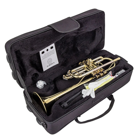 Professional C Trumpet with Stainless Steel Valves | 11.8mm Bore & 124mm Gold Brass Bell | Clear Lacquer Finish (Includes 7C Mouthpiece, Case, Backpack Strap, Valve Oil & Slide Grease AUROSUS